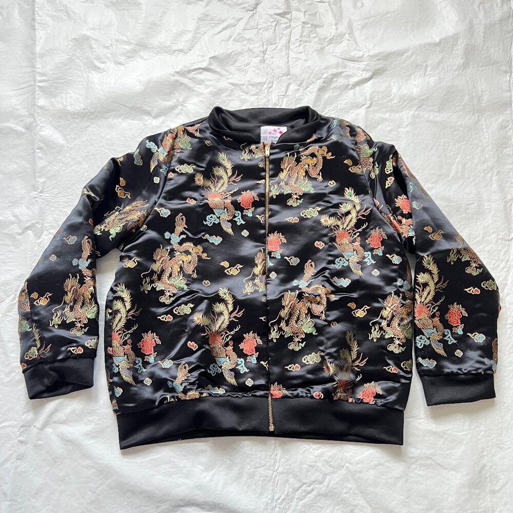 OMighty satin jacket Womens Small black dragons floral zip up bomber o'mighty